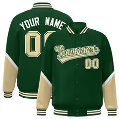 Green Khaki Color Block Varsity Full-Snap Letterman Baseball Jacket