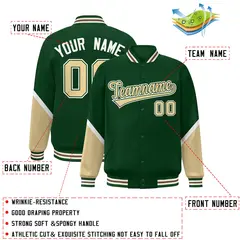 Green Khaki Color Block Varsity Full-Snap Letterman Baseball Jacket 2