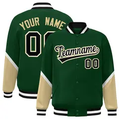 Green Khaki Color Block Varsity Full-Snap Letterman Baseball Jacket 1