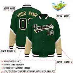 Green Khaki Color Block Varsity Full-Snap Letterman Baseball Jacket 2