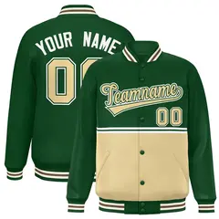 Green Khaki Color Block Varsity Full-Snap Letterman Jacket 1
