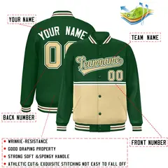 Green Khaki Color Block Varsity Full-Snap Letterman Jacket 2