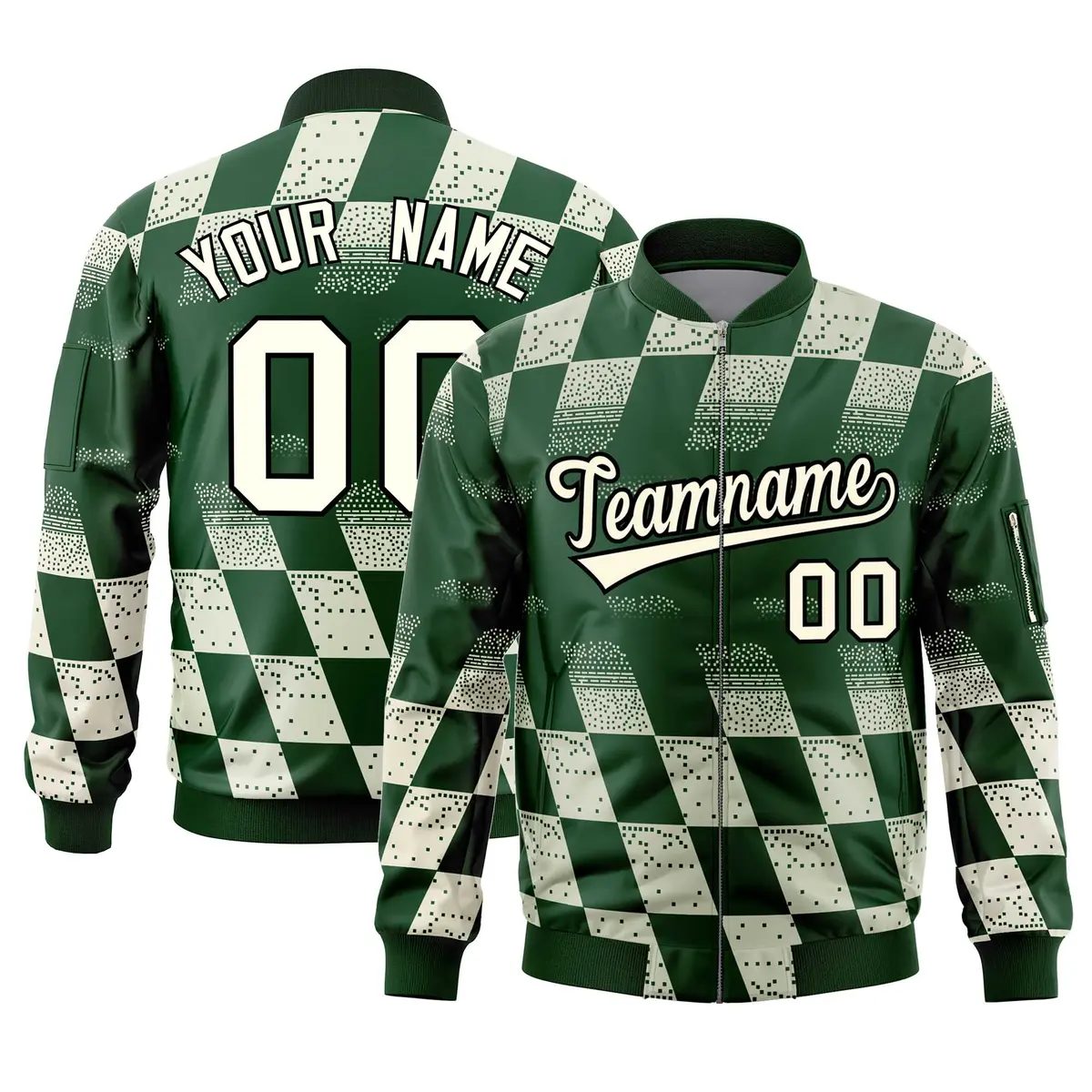 Green Khaki Grid Color Block Letterman Varsity Bomber Jacket