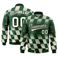 Green Khaki Grid Color Block Letterman Varsity Bomber Jacket