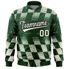 Green Khaki Grid Color Block Letterman Varsity Bomber Jacket 3