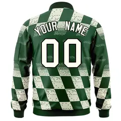 Green Khaki Grid Color Block Letterman Varsity Bomber Jacket 4