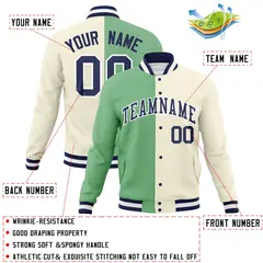 Green Khaki-Navy Two Tone Split Varsity Full-Snap Letterman Jacket 4