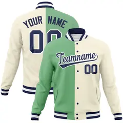 Green Khaki-Navy Two Tone Split Varsity Full-Snap Letterman Jacket