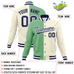 Green Khaki-Navy Two Tone Split Varsity Full-Snap Letterman Jacket 4