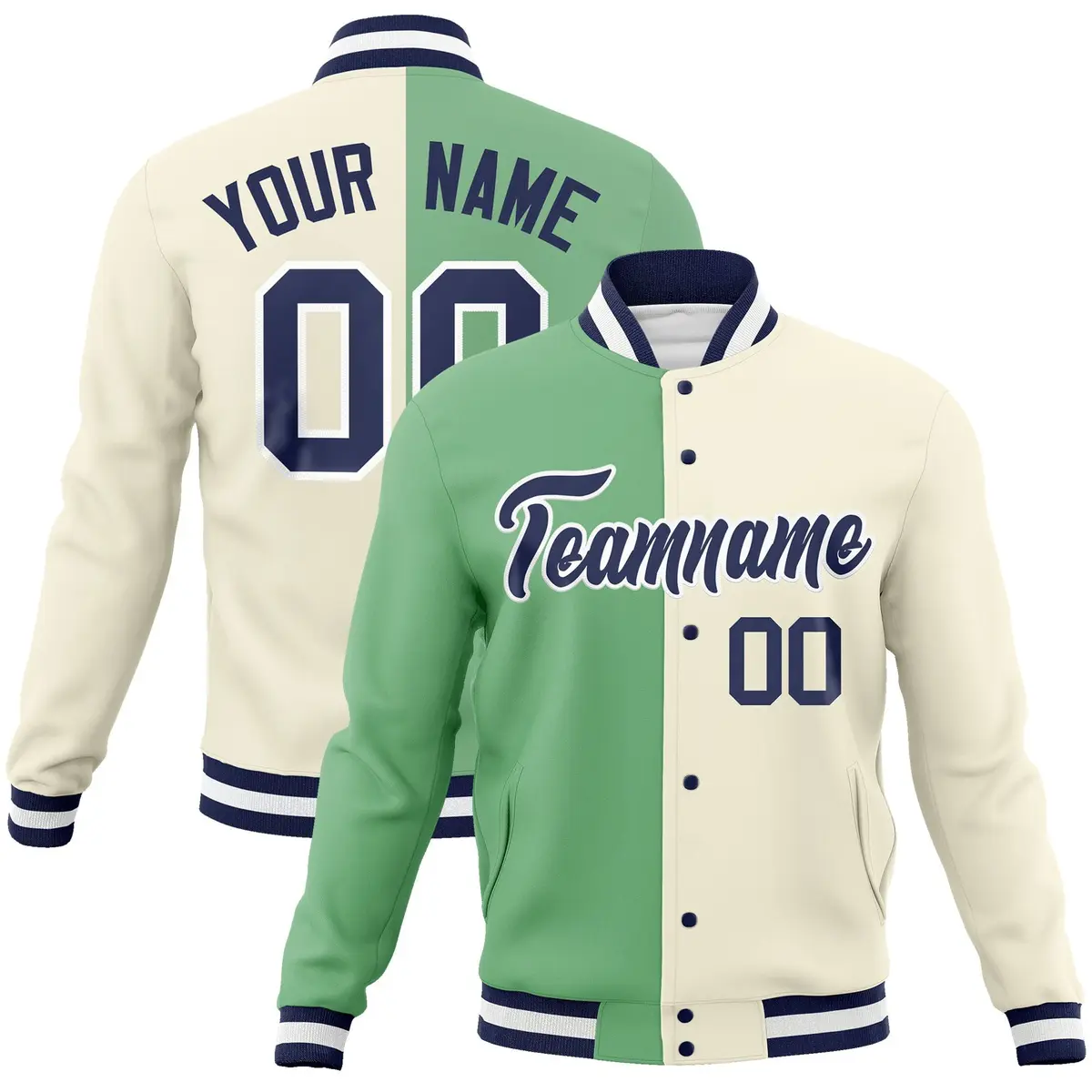 Green Khaki-Navy Two Tone Split Varsity Full-Snap Letterman Jacket