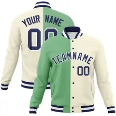 Green Khaki-Navy Two Tone Split Varsity Full-Snap Letterman Jacket