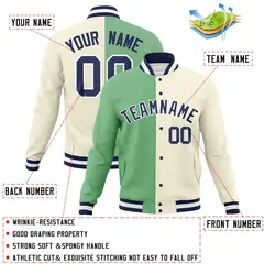 Green Khaki-Navy Two Tone Split Varsity Full-Snap Letterman Jacket 4