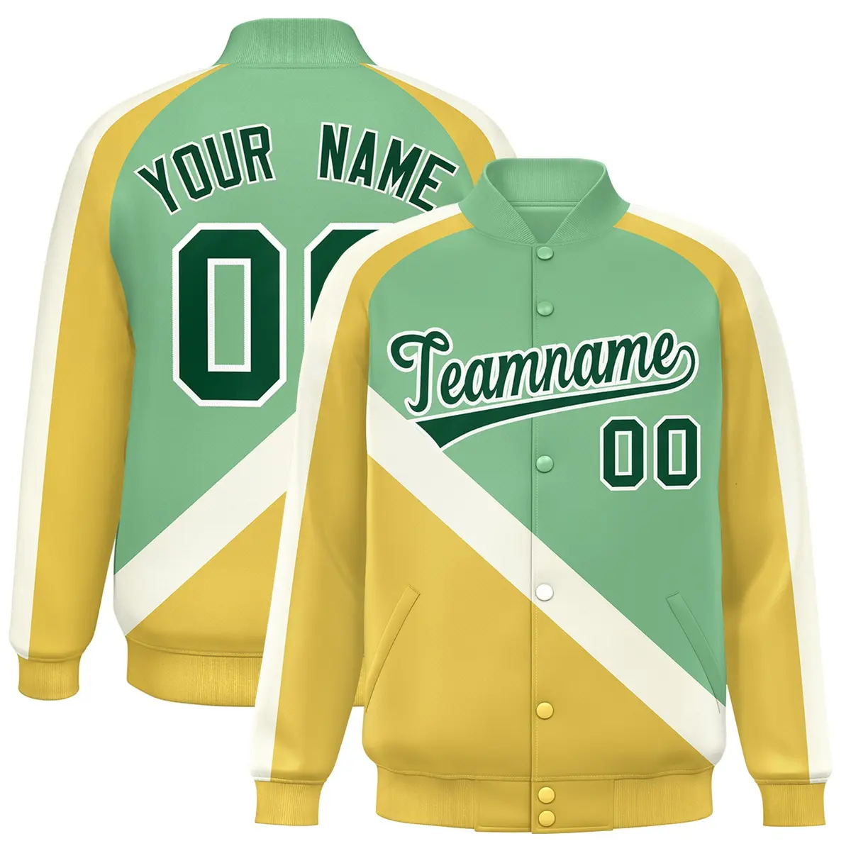 Green Khaki Raglan Varsity Full-Snap Letterman Baseball Jacket