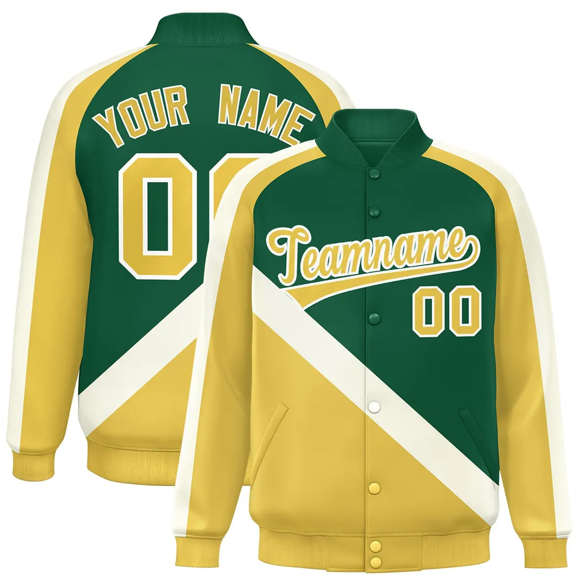 Green Khaki Raglan Varsity Full-Snap Letterman Baseball Jacket