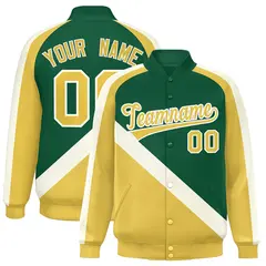 Green Khaki Raglan Varsity Full-Snap Letterman Baseball Jacket 1