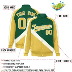 Green Khaki Raglan Varsity Full-Snap Letterman Baseball Jacket 2
