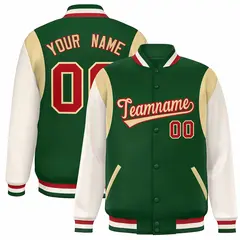 Green Khaki-Red Color Block Varsity Baseball Jacket
