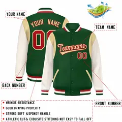 Green Khaki-Red Color Block Varsity Baseball Jacket 2