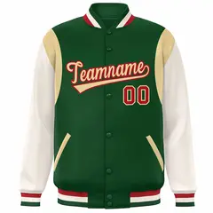 Green Khaki-Red Color Block Varsity Baseball Jacket 3