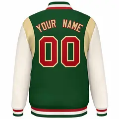 Green Khaki-Red Color Block Varsity Baseball Jacket 4