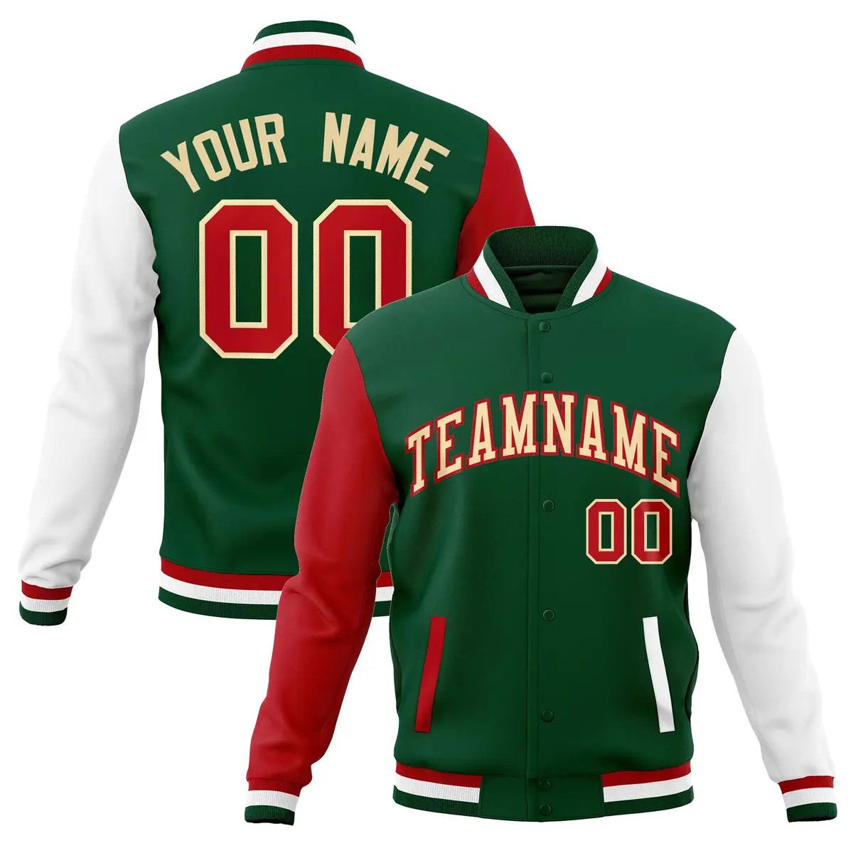 Green Khaki-Red Raglan Varsity Full-Snap Letterman Jacket