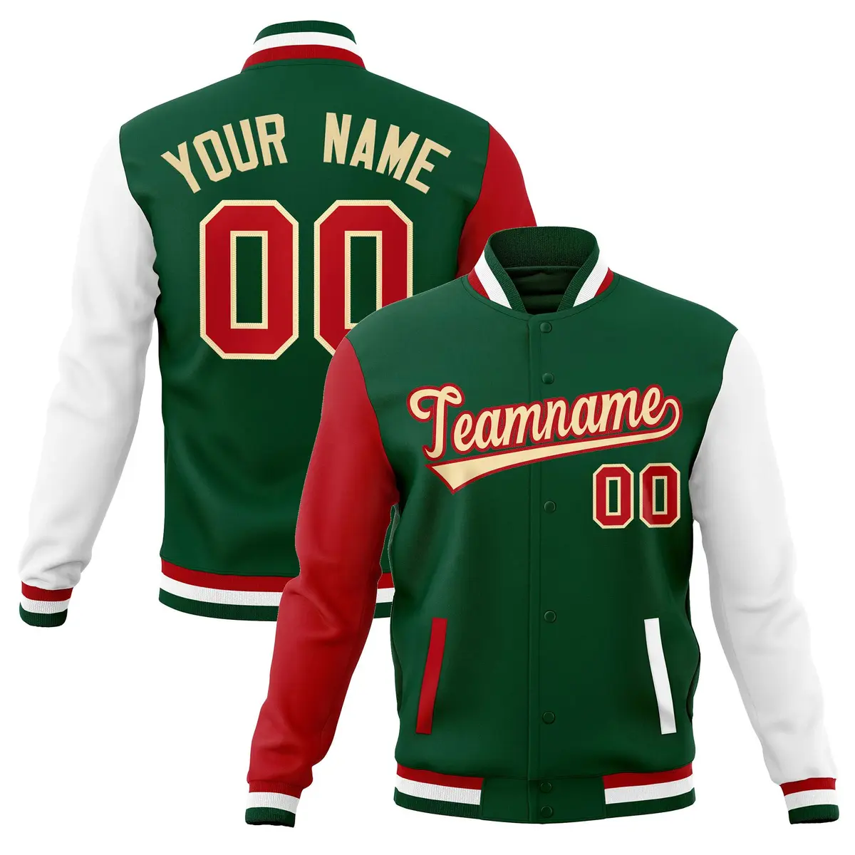 Green Khaki-Red Raglan Varsity Full-Snap Letterman Jacket