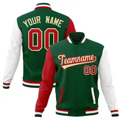 Green Khaki-Red Raglan Varsity Full-Snap Letterman Jacket 1