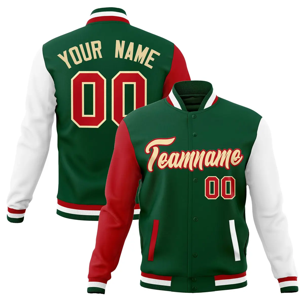 Green Khaki-Red Raglan Varsity Full-Snap Letterman Jacket