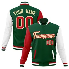 Green Khaki-Red Raglan Varsity Full-Snap Letterman Jacket 1