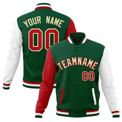 Green Khaki-Red Raglan Varsity Full-Snap Letterman Jacket 1