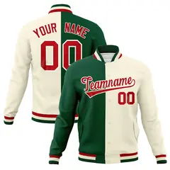 Green Khaki-Red Two Tone Split Varsity Letterman Jacket 1