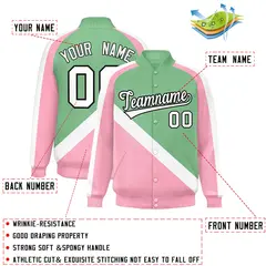 Green Light Pink Raglan Full-Snap Letterman Baseball Jacket 2