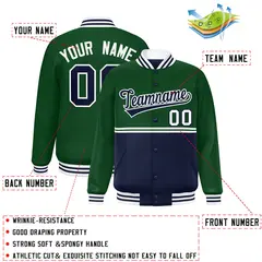 Green Navy Color Block Varsity Full-Snap Letterman Jacket 2