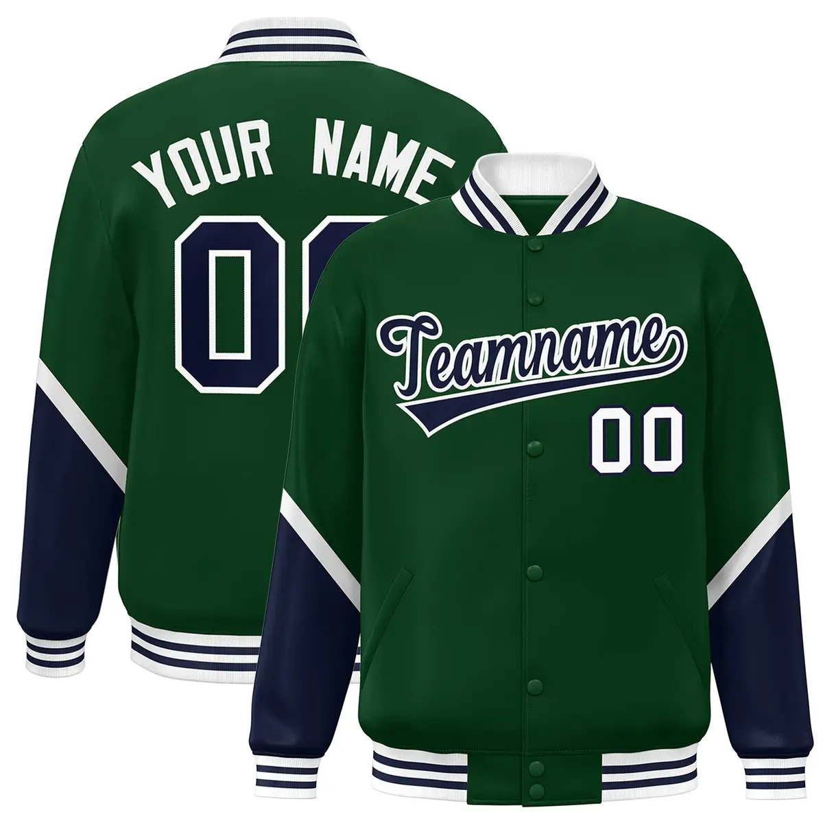Green Navy Color Block Varsity Letterman Baseball Jacket