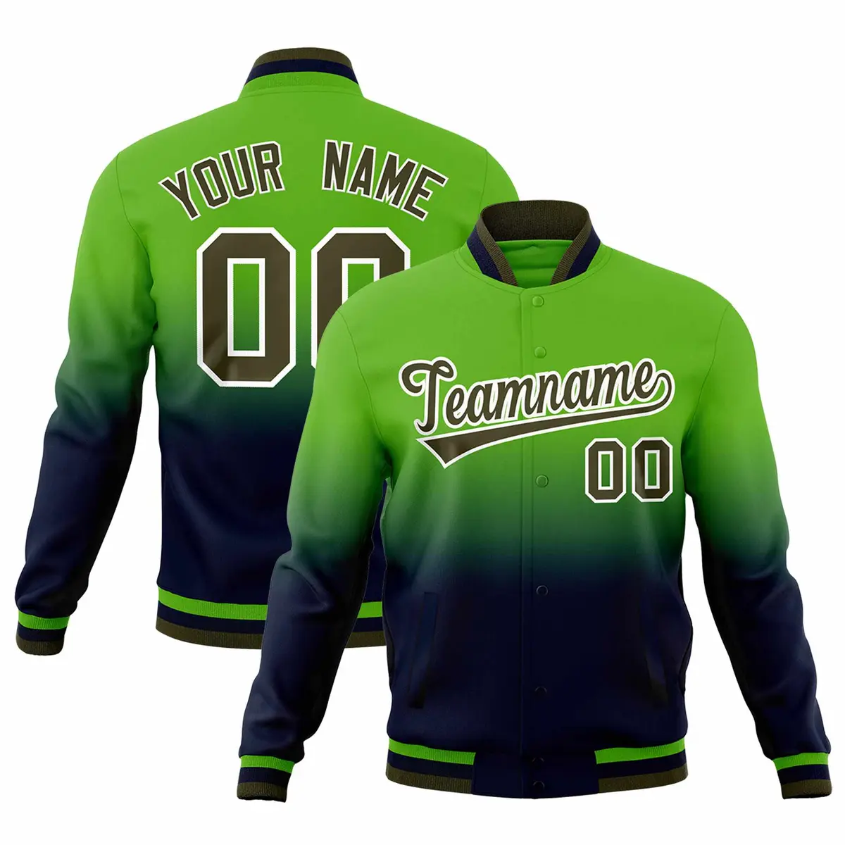 Green Navy Gradient Full-Snap Varsity Letterman Jacket