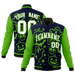 Green Navy Olive Halloween Bats Pumpkins Ghost Letterman Jacket 1