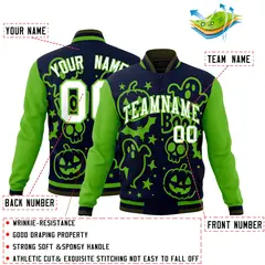 Green Navy Olive Halloween Bats Pumpkins Ghost Letterman Jacket 2