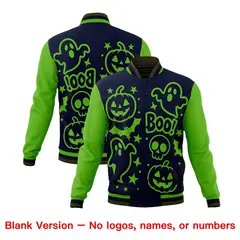 Green Navy Olive Halloween Bats Pumpkins Ghost Letterman Jacket 7