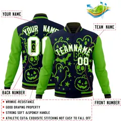 Green Navy Olive Halloween Bats Pumpkins Ghost Letterman Jacket 8