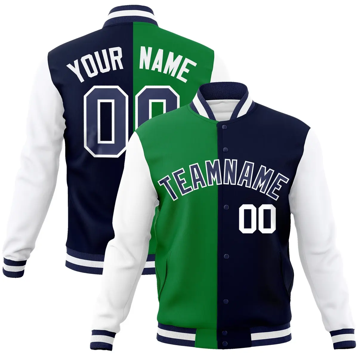 Green Navy Two Tone Split Varsity Full-Snap Letterman Jacket