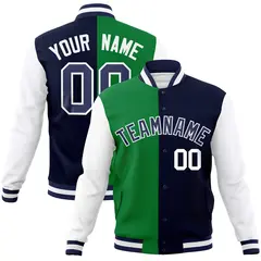 Green Navy Two Tone Split Varsity Full-Snap Letterman Jacket
