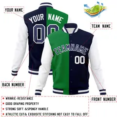 Green Navy Two Tone Split Varsity Full-Snap Letterman Jacket 4