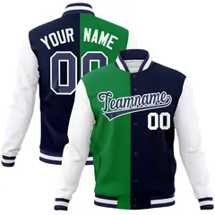 Green Navy Two Tone Split Varsity Full-Snap Letterman Jacket 1