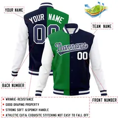 Green Navy Two Tone Split Varsity Full-Snap Letterman Jacket 4