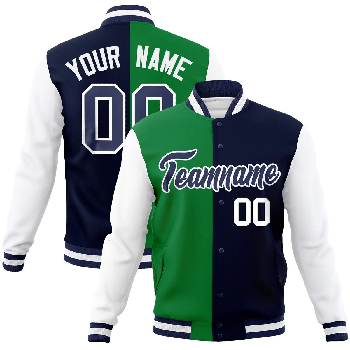 Green Navy Two Tone Split Varsity Full-Snap Letterman Jacket