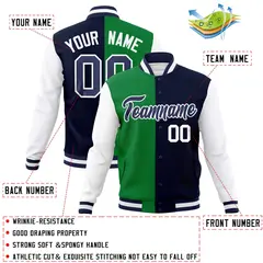 Green Navy Two Tone Split Varsity Full-Snap Letterman Jacket 4