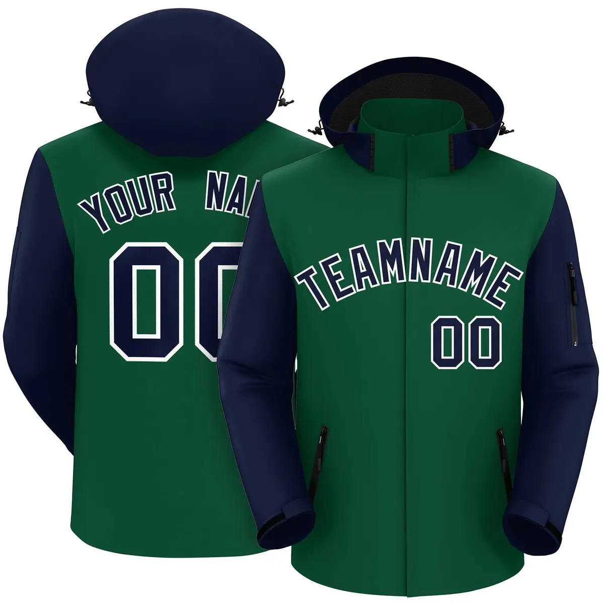 Green Navy-White Raglan Sleeves Waterproof Jacket