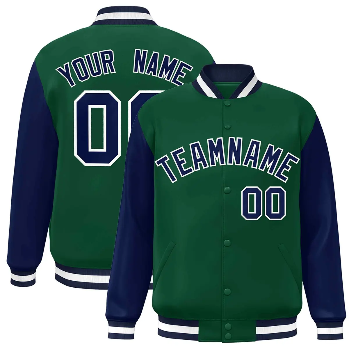 Green Navy-White Raglan Varsity Full-Snap Letterman Jacket