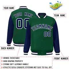 Green Navy-White Raglan Varsity Full-Snap Letterman Jacket 2