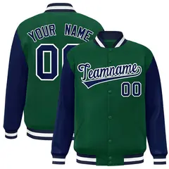 Green Navy-White Raglan Varsity Full-Snap Letterman Jacket
